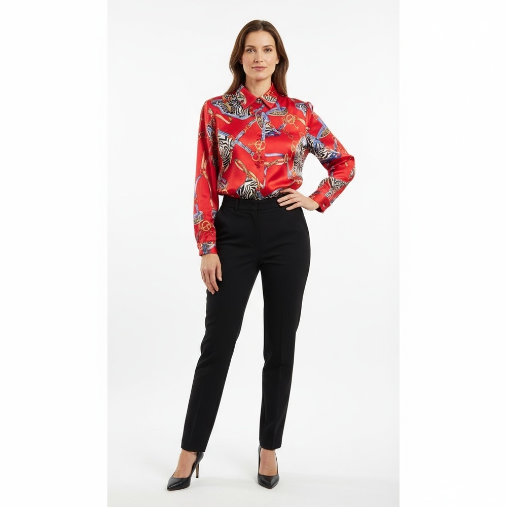Allison Taylor Vintage‎ 80s Silk Blouse Women M Red Equestrian Print (Excellent)